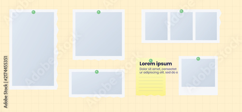 Stationery collage collection with paper sheets and pinned notes on grid background for creative office workspace organization.