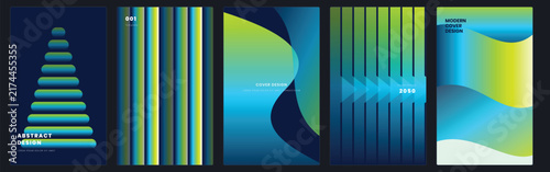 Modern cover design set with green and blue color gradients and wavy fluid lines for professional creative branding assets.