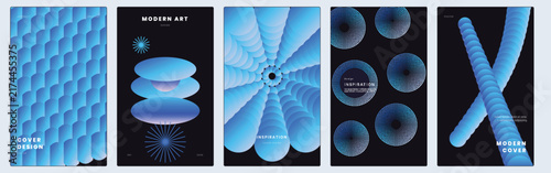 Abstract blue gradient poster templates with fluid shapes and geometric patterns for modern visual design and corporate brochures.