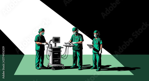 Medical Personnel Operating Advanced Equipment in Bright Light and Shadows for Treatment