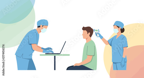 Medical Personnel Take Temperatures and Record Data for Public Health and Safety Checks