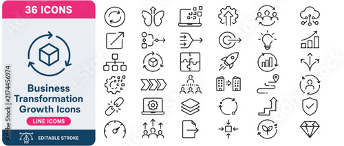 Business transformation growth line icon set. Process, change, innovation, arrows, workflow, digital upgrade outline vector illustrations. Signs for company development on white background.