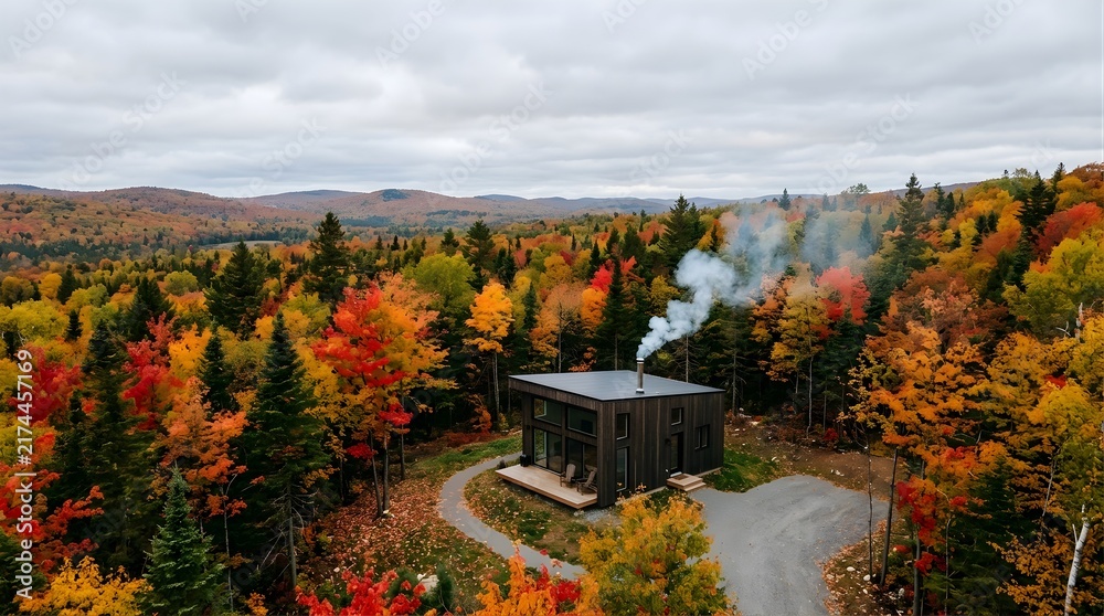 Obraz premium Modern cabin in a vibrant autumn forest with smoke rising from chimney
