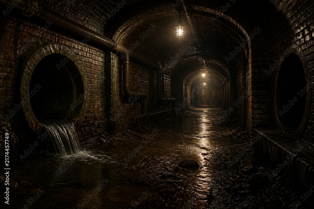 Fototapeta premium Dark tunnel flows with water under ancient brick arches. Light glows from distant fixture, casting eerie glow. Wet ground reflects beams, adding depth to scene. Cylindrical openings flank walkway