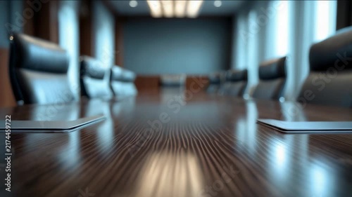 Business meeting in a conference room with a large wooden table and empty chairs