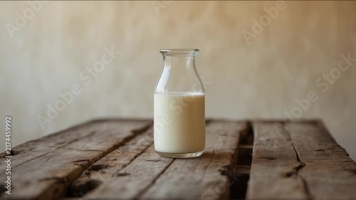 Milk in a glass bottle is placed on a wooden table with a light background and soft lighting