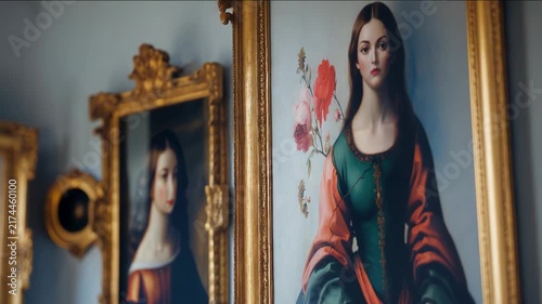 Exploring art in a historical gallery with Classic paintings and ornate frames