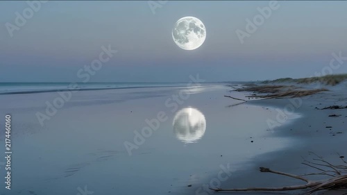 Full moon over the beach at dusk with reflections on the water and scattered driftwood