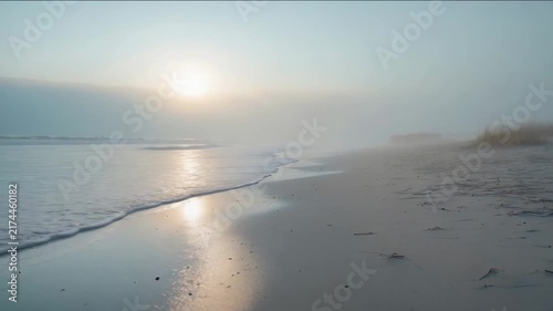 Waves wash ashore at the beach during sunrise on a foggy morning