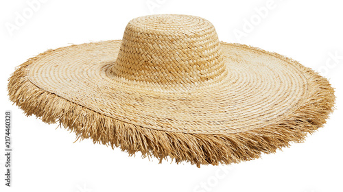 Obraz na płótnie Isolated natural straw hat with wide floppy brim and stylish frayed edge, summer