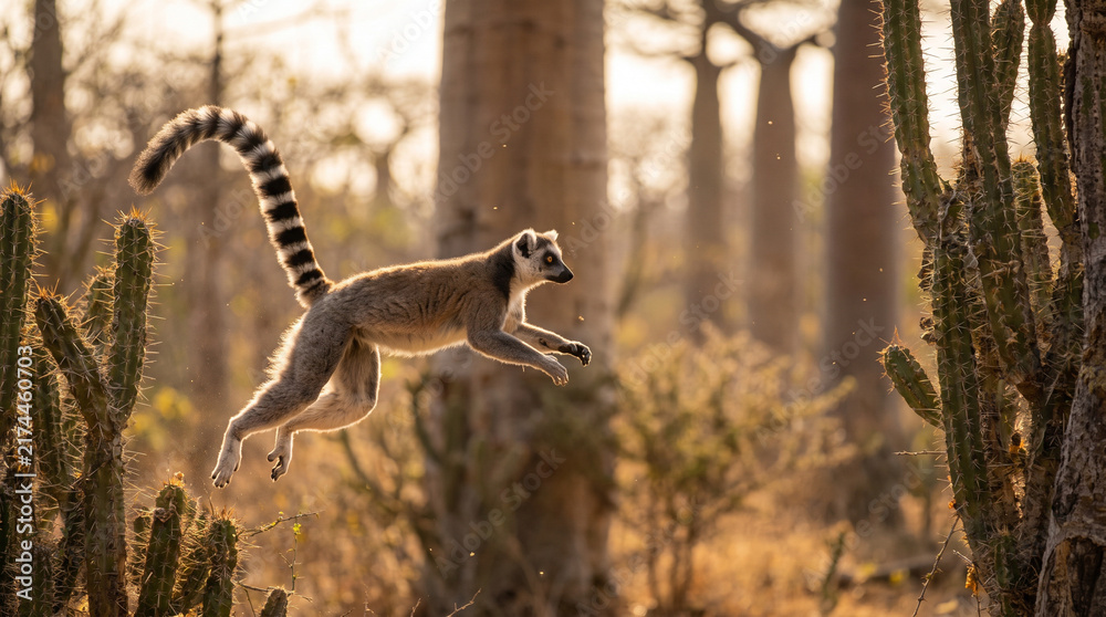 Fototapeta premium Ring tailed lemur jumping between spiny cactus plants in madagascar forest backlit sunset. Concept of wild animal, wildlife photography, baobab background, golden hour, sunset light. Copy space.