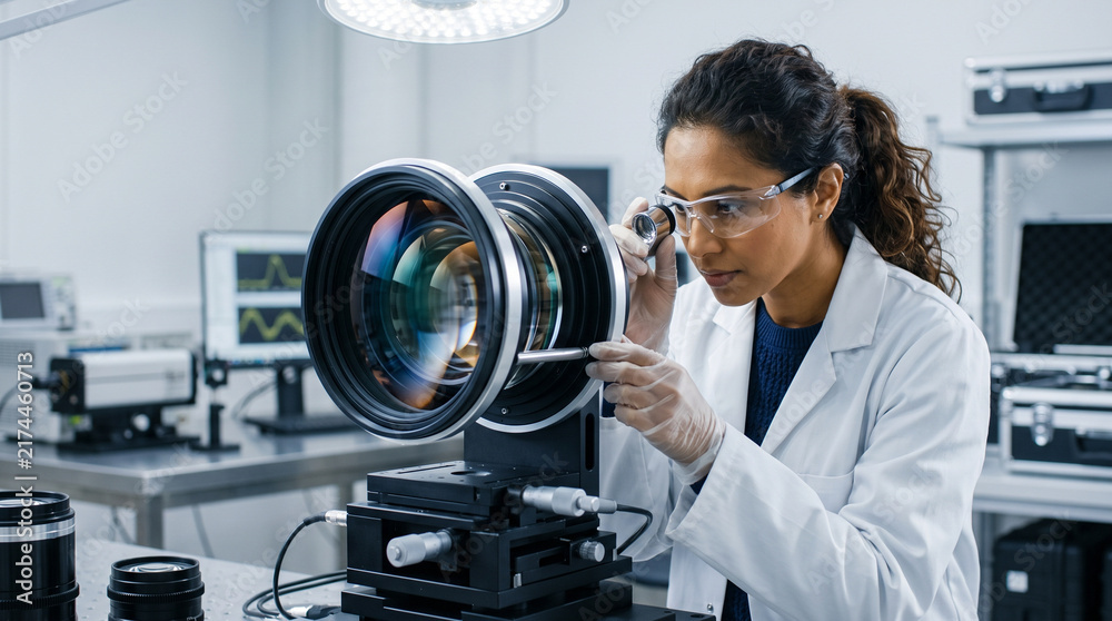 Fototapeta premium Female Scientist Inspecting Optical Lens Precision Equipment with Magnifier in High Tech Laboratory. Concept of optical engineer, science laboratory, precision engineering. Copy space.