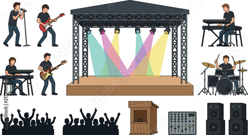 Live Music Concert Vector Elements Set with Open Air Stage, Rock Band Musicians, Singer, Guitarist, Keyboardist, Drummer, Sound Mixer, Speakers, and Audience