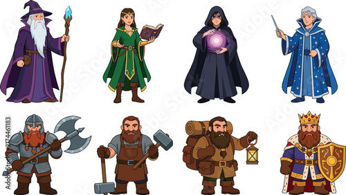 Fantasy RPG Character Vector Asset Set Featuring Magic Wizards, Sorcerers, Elven Mage, and Bearded Dwarf Warriors with Axe, Hammer, and Shield