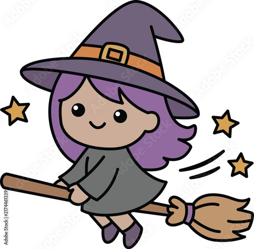 Cute Little Witch Flying on a Broomstick Halloween Illustration Vector