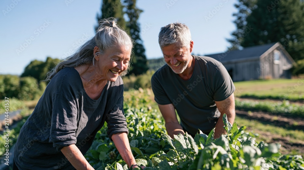 Fototapeta premium Senior partners harvesting vegetables and smiling in a bright farm garden for sustainable living banner and community agriculture background