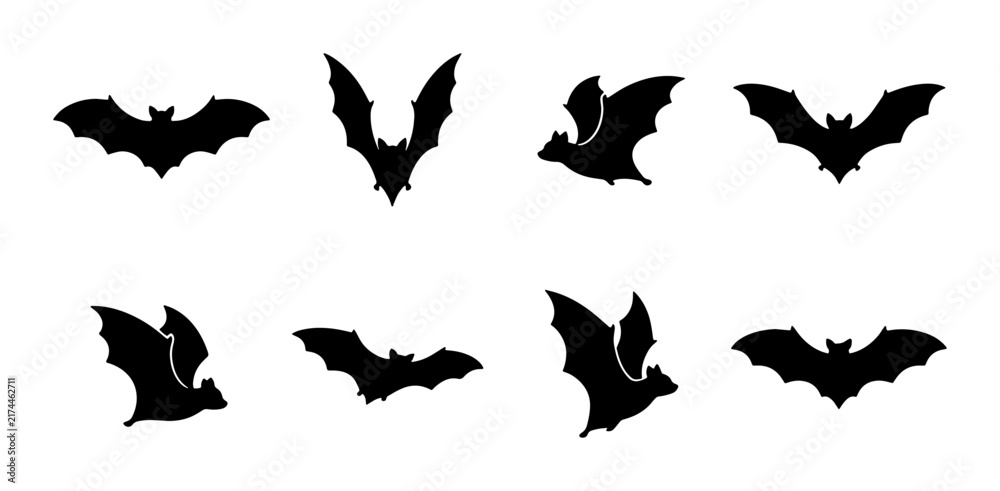 Fototapeta premium Silhouette Bat Icons Collection: Flying Halloween Creatures, Vector Graphics for Spooky Designs