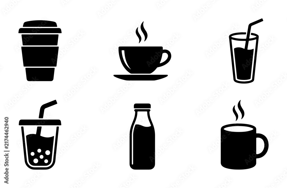 Fototapeta premium Black and White Drink Icons: Coffee, Tea, Soda, Milk, and Bubble Tea Vector Set for Beverage Graphics