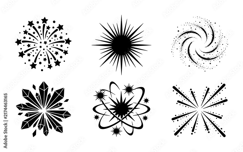 Obraz premium Sparkle Starburst Icons, Festive Burst Graphics, Abstract Explosion Elements, Celebration Star Shapes