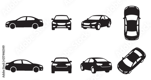 Diverse array of car icons in silhouette showcasing different perspectives and car models for transportation and automotive themes.