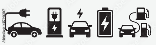 Icons representing electric vehicles charging process, including car, charging station, battery, and fuel pump for energy and technology themes.