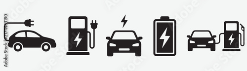 Icons illustrating electric vehicle features like charging, battery power, and refueling for sustainable transportation and technology concepts.