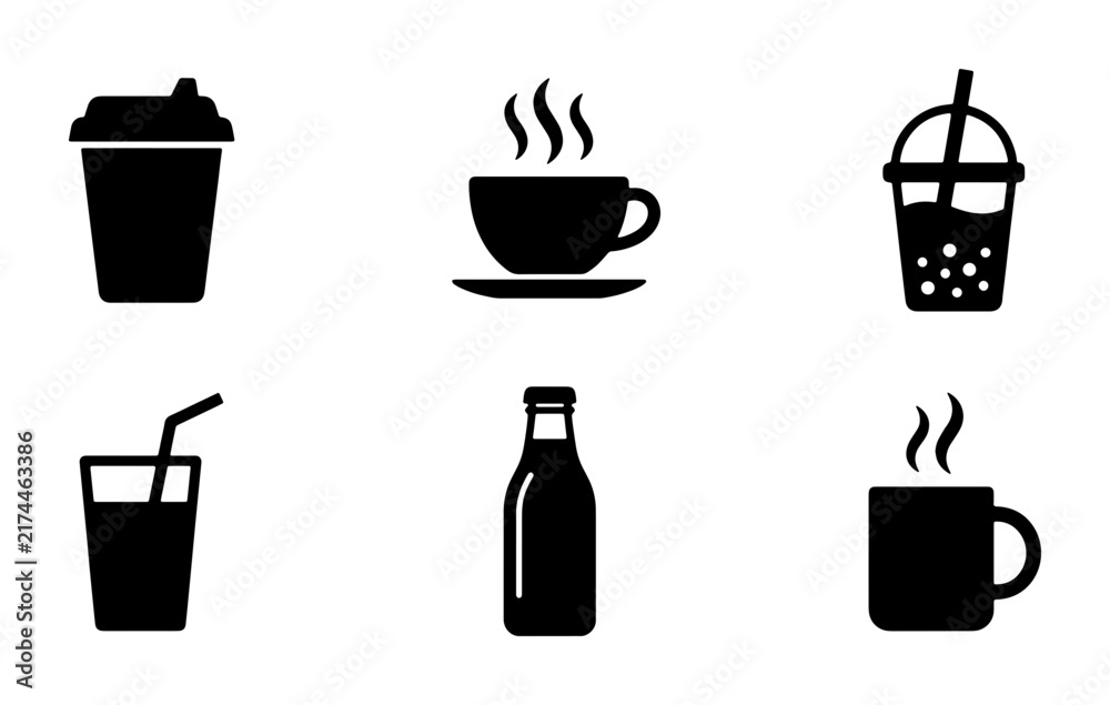 Fototapeta premium Beverage Icons Set: Coffee, Tea, Soda, Juice, Bubble Tea, Water Bottle Vector Graphics