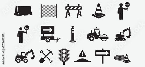 Construction site elements and warning signs for road safety and urban development projects.