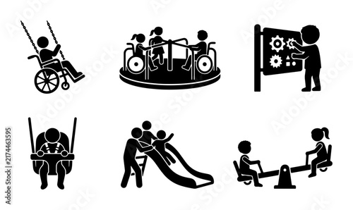 Inclusive Playground Icons: Accessible Fun, Children's Activities, Disability Inclusion, Vector Graphics Set