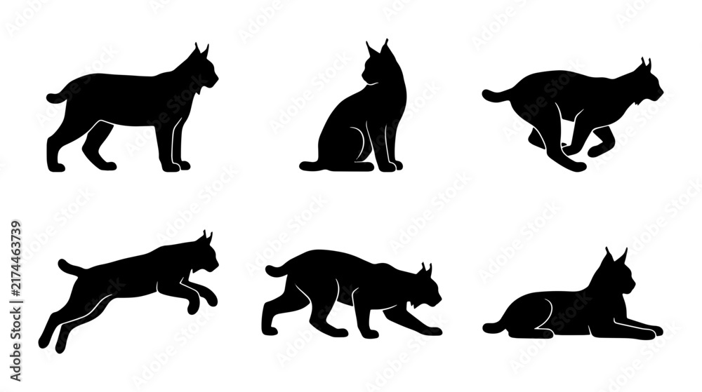 Fototapeta premium Lynx Silhouette Collection: Dynamic Poses, Wild Cat Vector Icons, Natural Wildlife Graphics