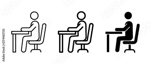 Person Sitting at Desk Icon Set, Office Worker Silhouette, Computer Work, Study, Business Concept