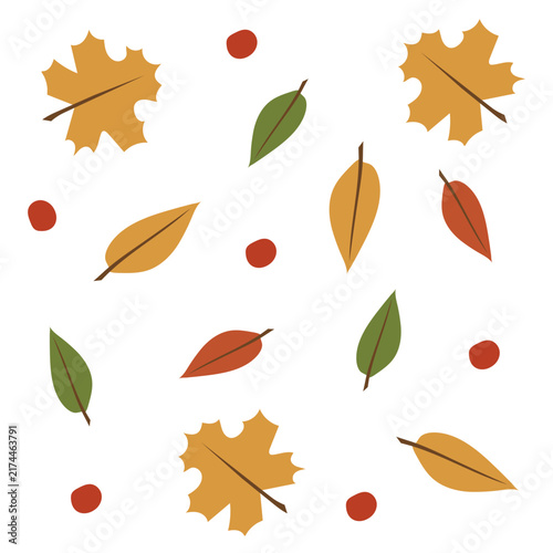  A classic fall pattern background of yellow leaves and berries. A hand-drawn-style vector on a white background.