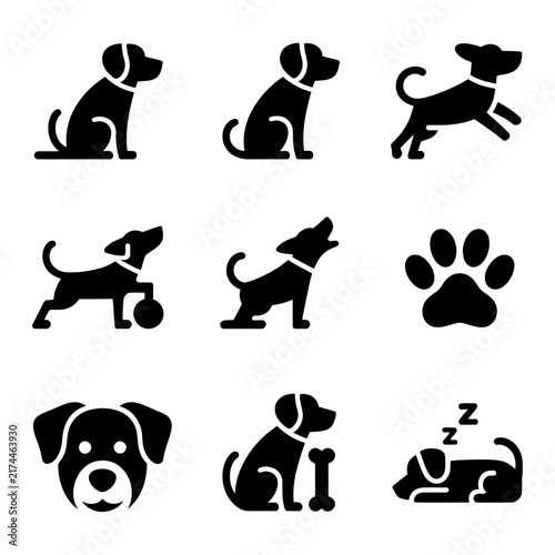 Set of black and white dog icons showing various poses and activities for pet care design