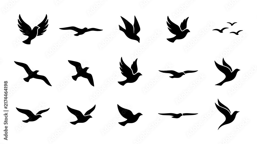 Fototapeta premium Silhouette Bird Icons Set: Flying Dove, Seagull, and Flock Vector Graphics for Freedom, Peace, and Travel Concepts