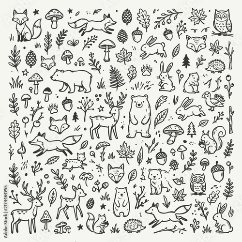 Forest animals and nature elements are scattered in a charming, hand-drawn style, creating a whimsical pattern of woodland creatures and flora.