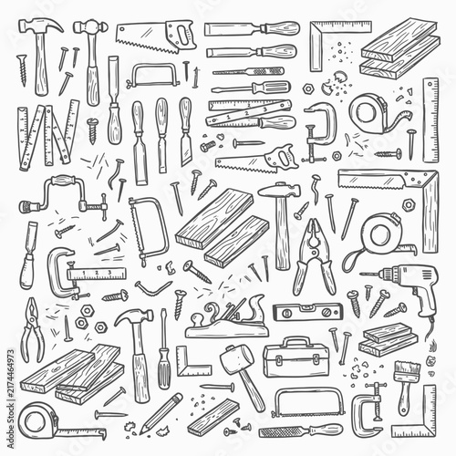 Woodworking tools are arranged in a dense, all-over pattern of black and white line art, illustrating a variety of instruments used in carpentry and construction.