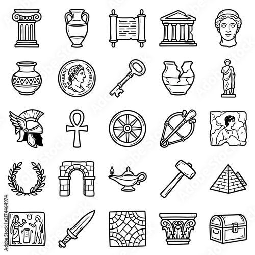 Ancient civilization elements are depicted in a collection of black and white line art icons, showcasing historical artifacts and architectural motifs.