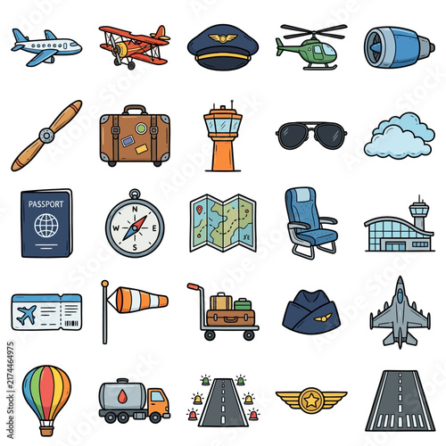 Aviation elements are shown in a collection of colorful cartoon icons representing various aspects of air travel and airport operations.