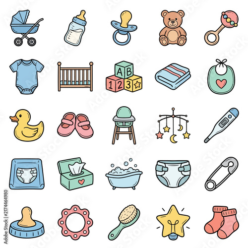Various baby-related items, including clothing, toys, and nursery essentials, are arranged in a grid of colorful outline illustrations with soft pastel accents.