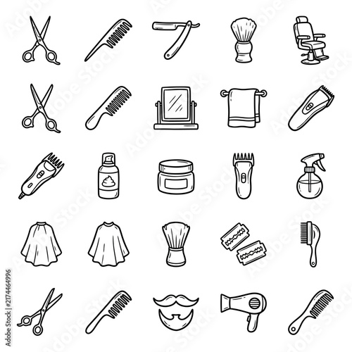 A comprehensive collection of barbershop tools and grooming accessories is presented as a grid of black outline illustrations on a white background.