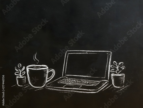 黒板にチョークで描かれたノートパソコンとコーヒーのカフェ風ワークスペースイラスト