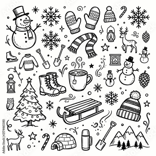 Various hand-drawn winter holiday elements, including snowmen, snowflakes, mittens, and a Christmas tree, are arranged in a festive pattern on a white background.