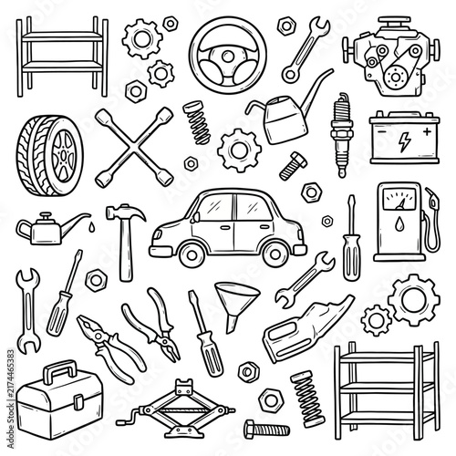 A collection of hand-drawn car repair tools and automobile parts, such as wrenches, tires, engines, and a car, are arranged on a light background.