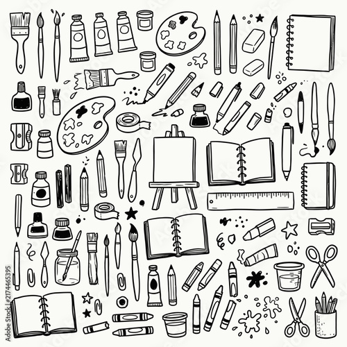 Numerous hand-drawn art supplies, including paintbrushes, paints, pencils, palettes, and notebooks, are depicted as a flat lay on a white surface.