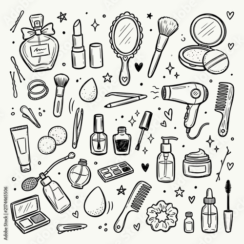 Beauty products and cosmetic tools are arranged in a hand-drawn illustration featuring various makeup, hair care, and skincare items, such as perfume bottles, lipstick, brushes, and mirrors.