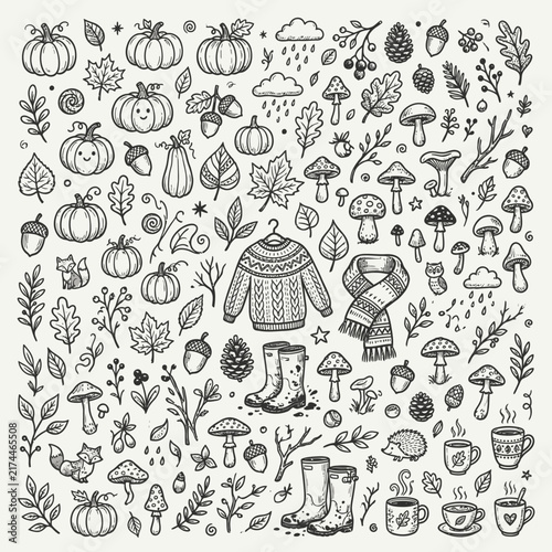 Autumn harvest and cozy items are displayed in a hand-drawn illustration with various seasonal elements on a light background, including pumpkins, leaves, sweaters, and mushrooms.