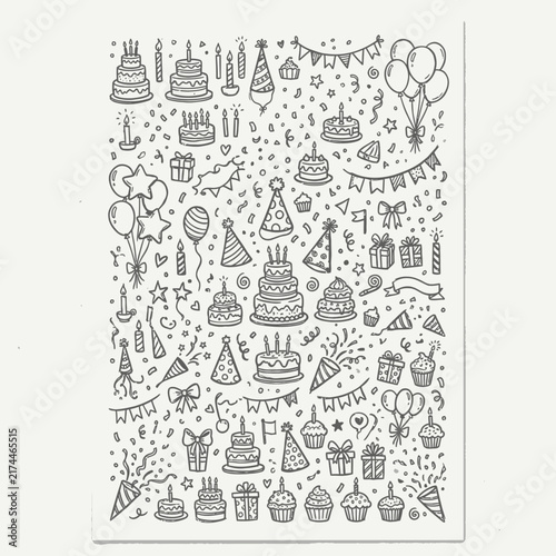 An extensive array of birthday-themed doodles, including cakes, candles, balloons, party hats, confetti, and presents, are scattered across a light background, forming a joyful and celebratory design.
