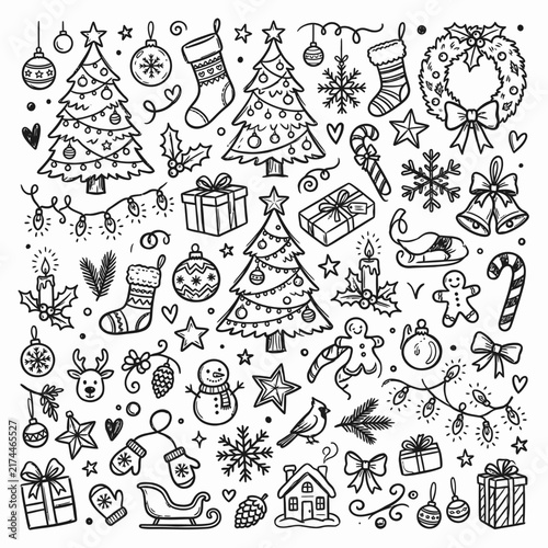 A festive assortment of Christmas-themed doodles, including decorated trees, stockings, wreaths, presents, ornaments, and seasonal characters, are arranged in a dense pattern on a light background.