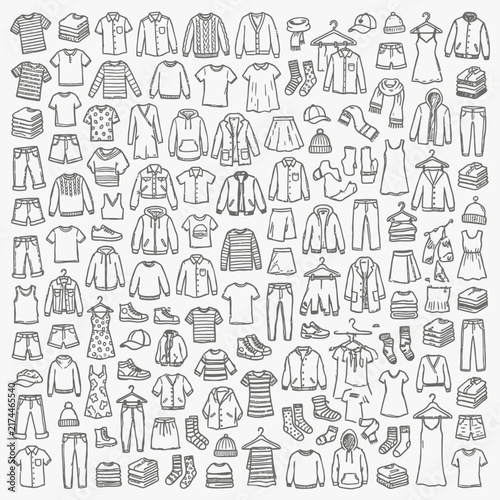 A comprehensive collection of clothing items and fashion accessories, such as shirts, pants, dresses, jackets, and hats, are presented in a detailed doodle art style, illustrating a diverse wardrobe.