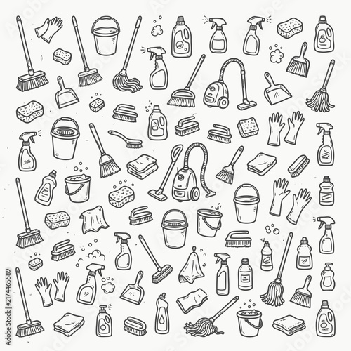 A comprehensive collection of cleaning supplies and equipment is depicted in a hand-drawn doodle style, showcasing household maintenance tools.